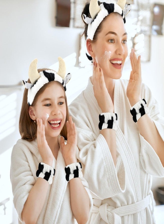 CAVETEE 3 Piece Hairband and Wristband Set, Black&white Cow Horn, Spa Cosmetic Elastic Makeup Headband and Wristband for Women Girl Wash Face Skincare Makeup Shower Spa Headband - Image 2